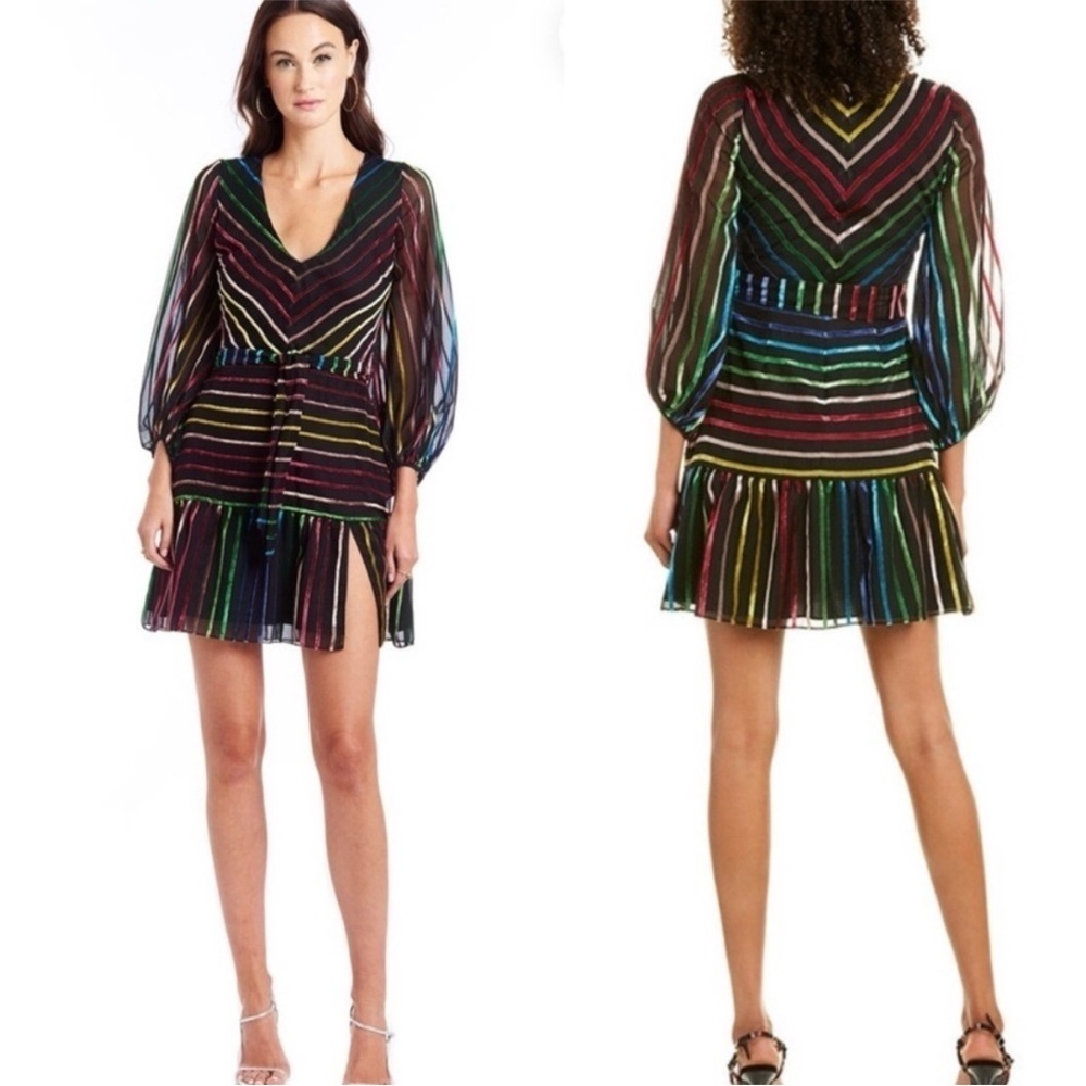 Amanda Uprichard Selene Long Sleeve Rainbow Multicolor Velvet Mini Dress Size S